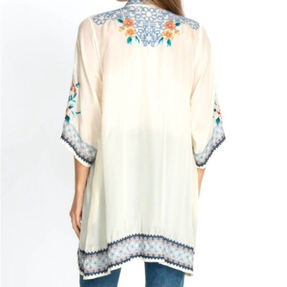Johnny Was Utopia Kimono 100% Silk Floral Letter Embroidered Cream Blue Size XL - Picture 4 of 16